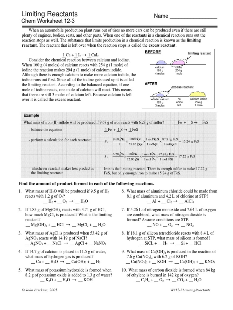 Limiting Reactants: Name - Chem Worksheet 12-3 | PDF | Mole (Unit) |  Chemical Reactions