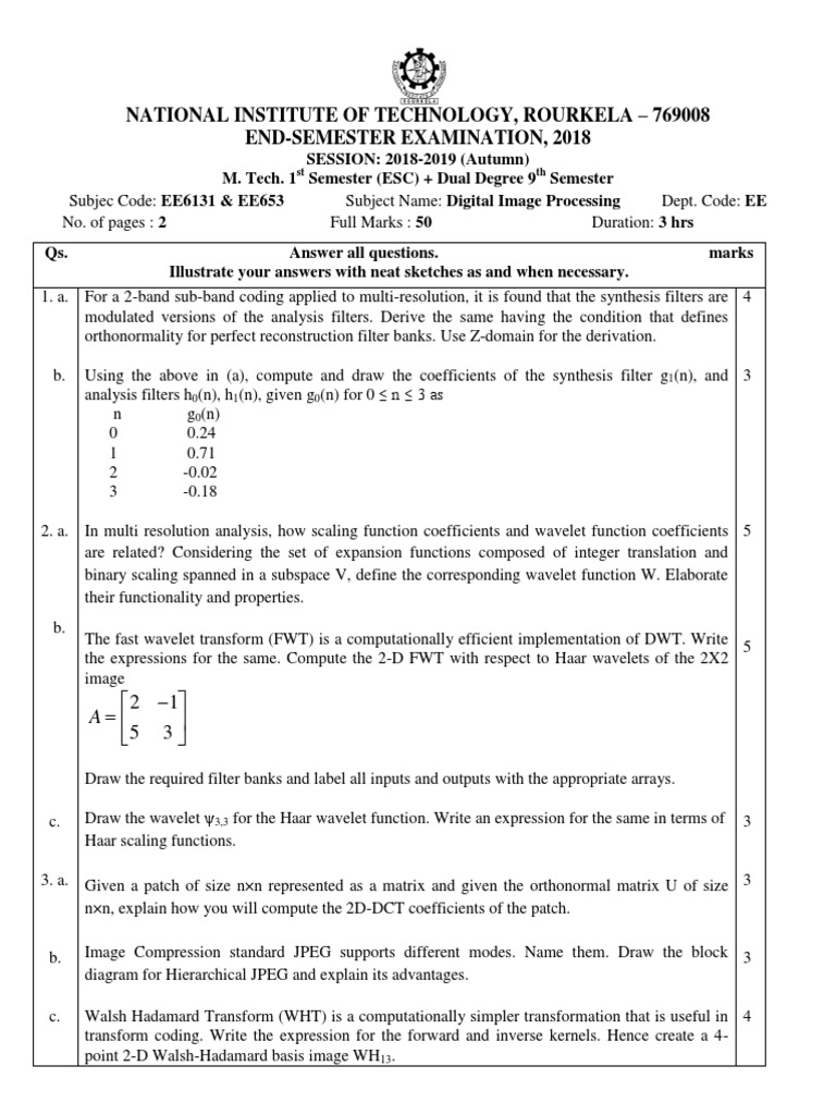 Digital Image Processing Exam 2018 | PDF | Wavelet | Applied Mathematics
