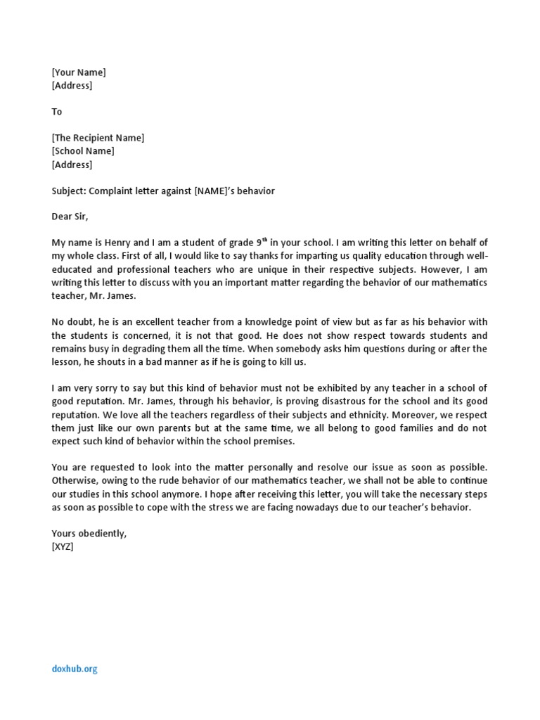 Complaint Letter Against Teacher's Behavior 1 PDF