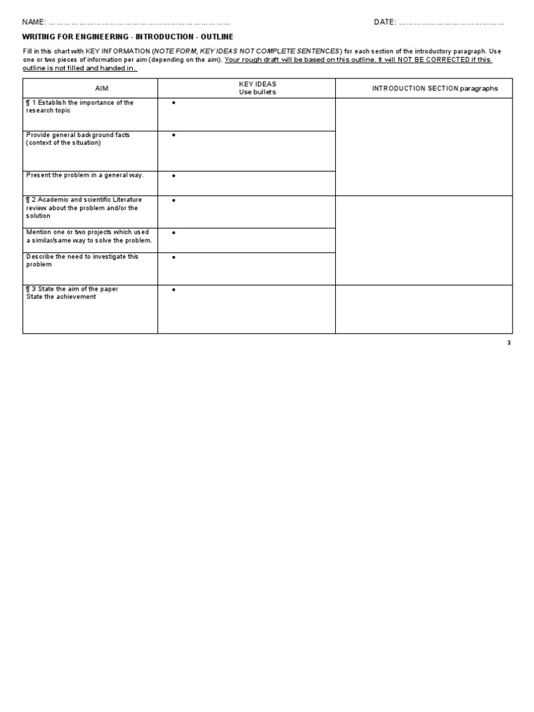 Writing For Engineering - Introduction - Outline: NAME: DATE | PDF