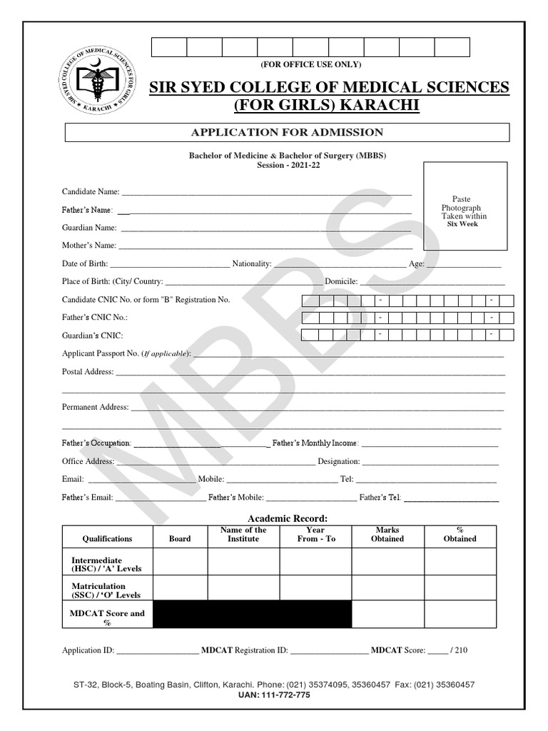 MBBS Admission Form 2021-22 | PDF | Educational Stages | Qualifications