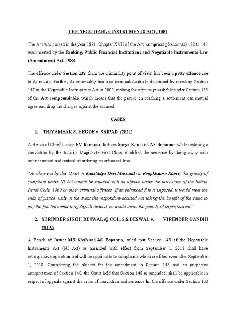 The Negotiable Instruments Act Was Passed in The Year 1881 | PDF ...