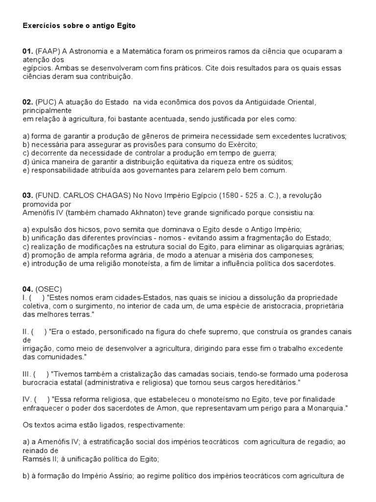 Exercícios Sobre o Antigo Egito | PDF | Antigo Egito | Egito