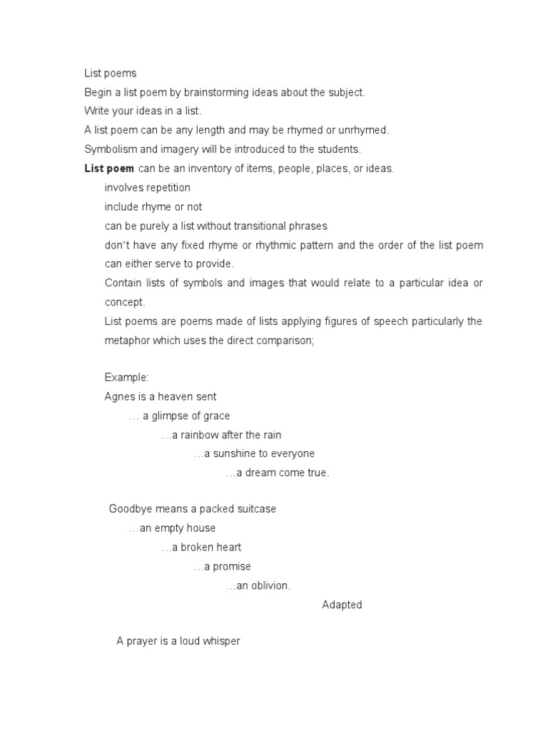 How to Write List Poems | PDF | Poetry