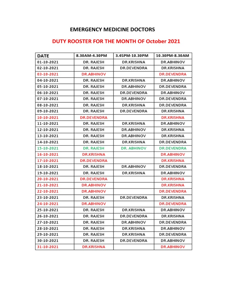 Duty Rooster For The Month of October 2021: Emergency Medicine Doctors ...