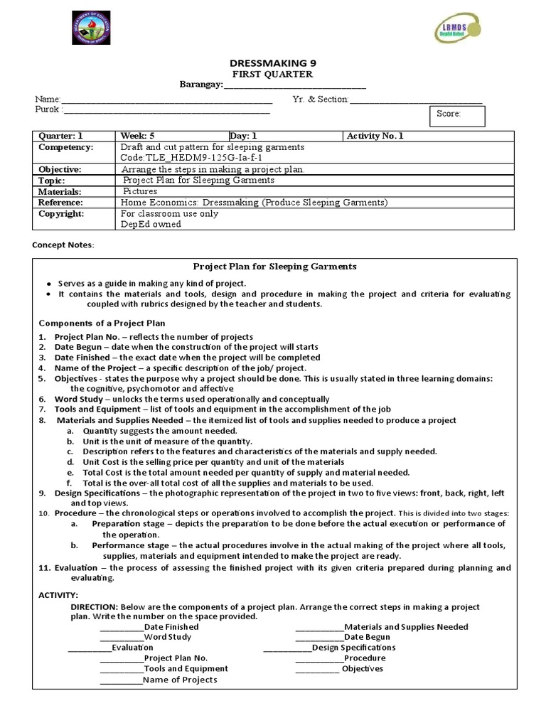 Dressmaking 9 Project Plan For Sleeping Garments PDF Sewing Rubric (Academic)