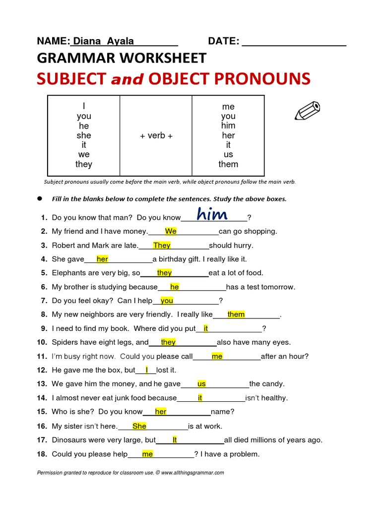 Object And Subject Pronouns Exercises Pdf