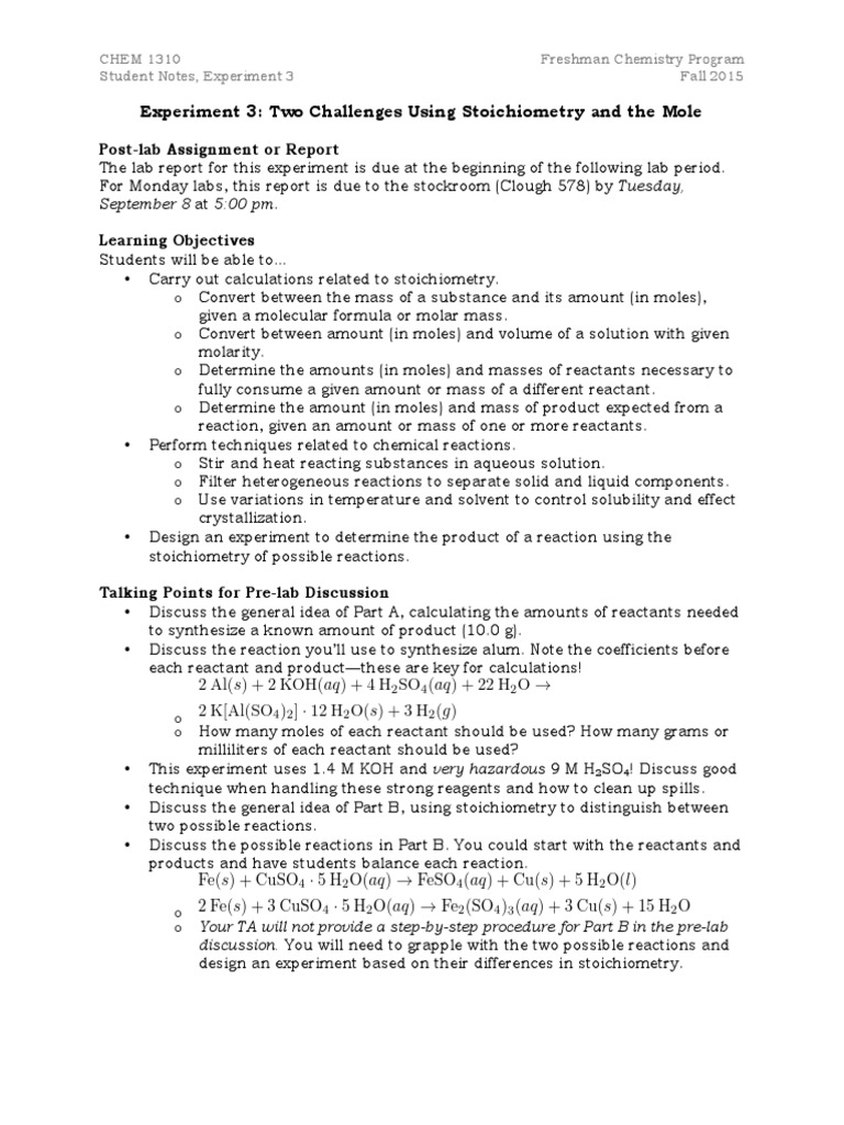 Stoichiometry Experiment Design Guide | PDF | Stoichiometry | Mole (Unit)