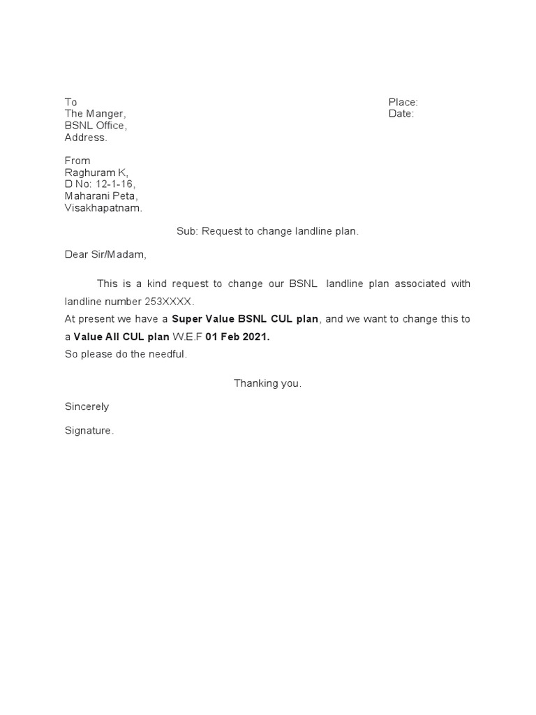 BSNL Landline Plan Chage Request Letter 1 PDF
