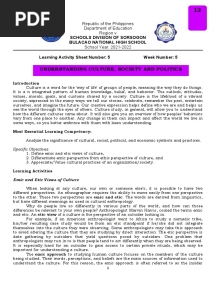 Understanding Culture, Society and Politics: Schools Division of Sorsogon Bulacao National High School