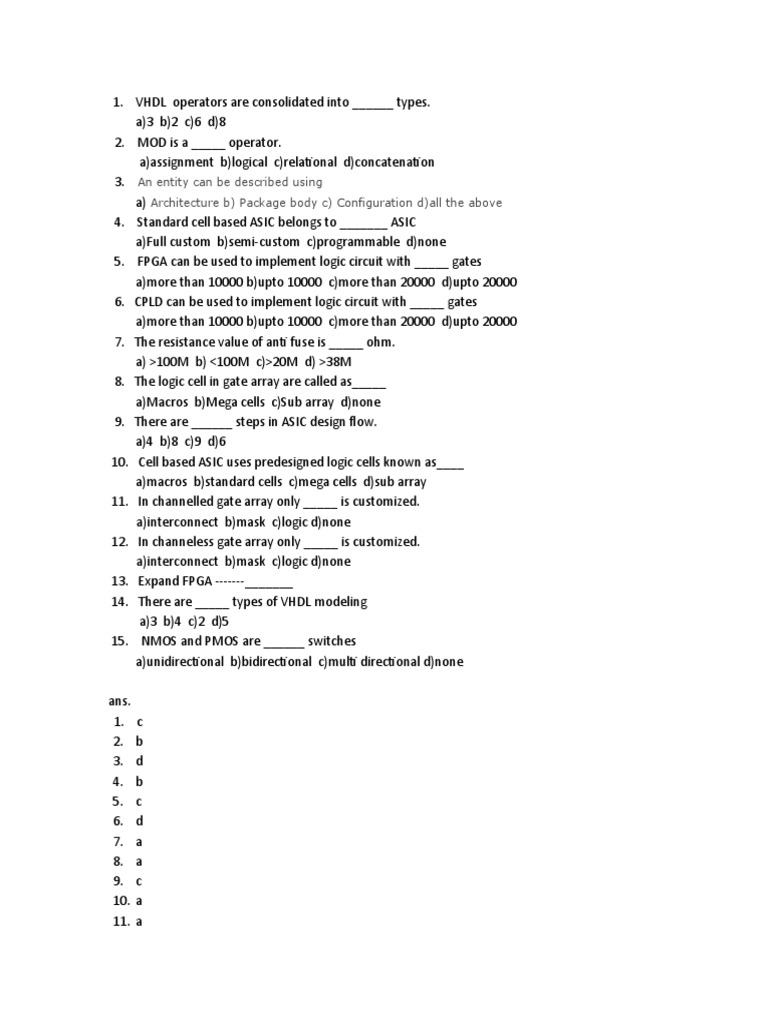 VHDL and ASIC Design Quiz Answers | PDF | Computers