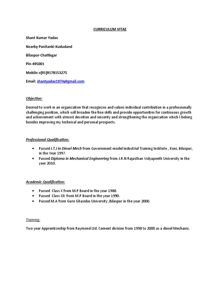 Shant Kumar Yadav's CV: Mechanical Expertise | PDF