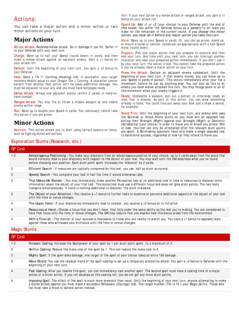 Dragon Age - Action &amp; Stunt Reference Sheet | PDF | Attention | Leisure