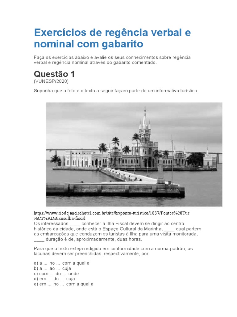 Exercícios de Regência Verbal e Nominal Com Gabarito | PDF | Sintaxe ...