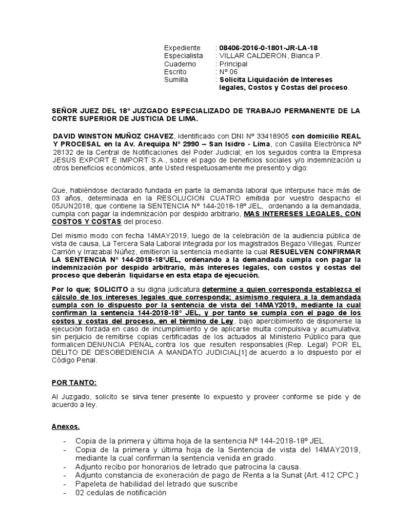 Escrito de Ejecucion de Sentencia - LAboral | PDF | Sentencia (ley