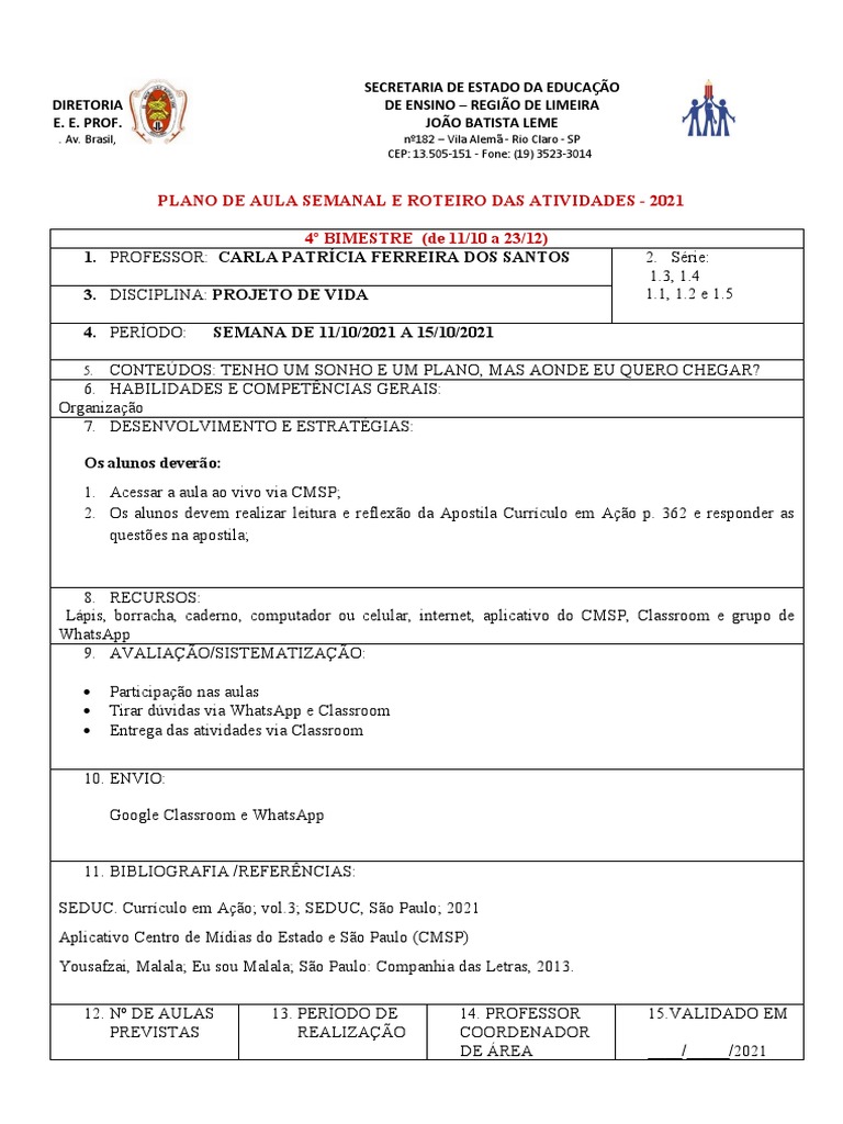 Plano de Aula: Projeto de Vida 2021 | PDF | Ciências Sociais