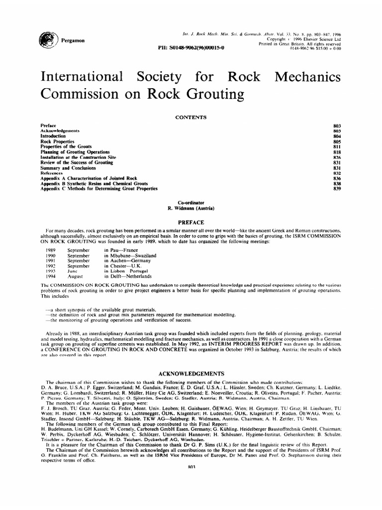 Isrm Commission On Rock Grouting - Part 1 | PDF