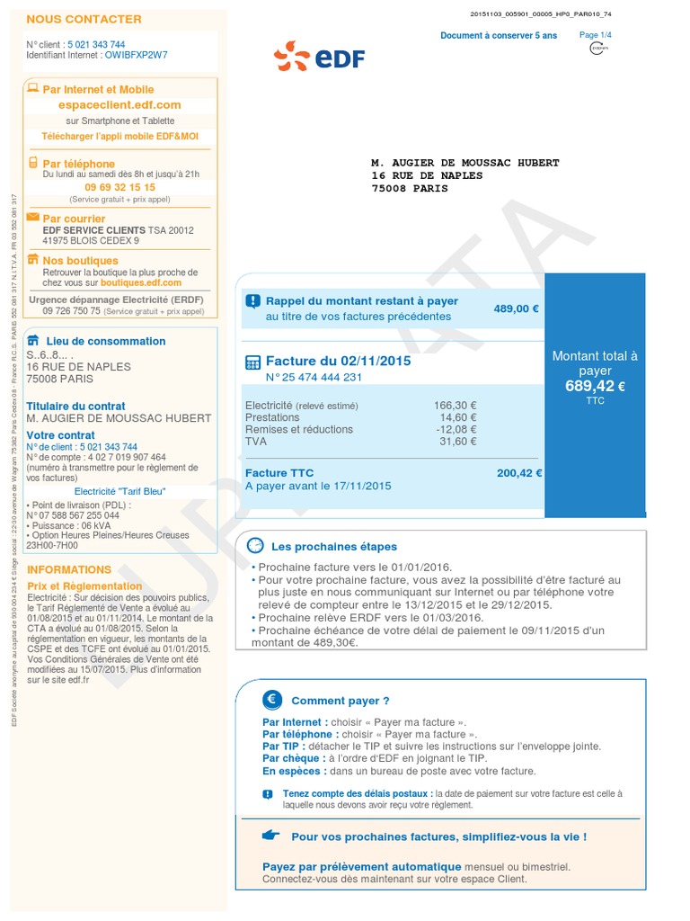 Edf Facture 2015 | PDF | Taxe sur la valeur ajoutée | Facture
