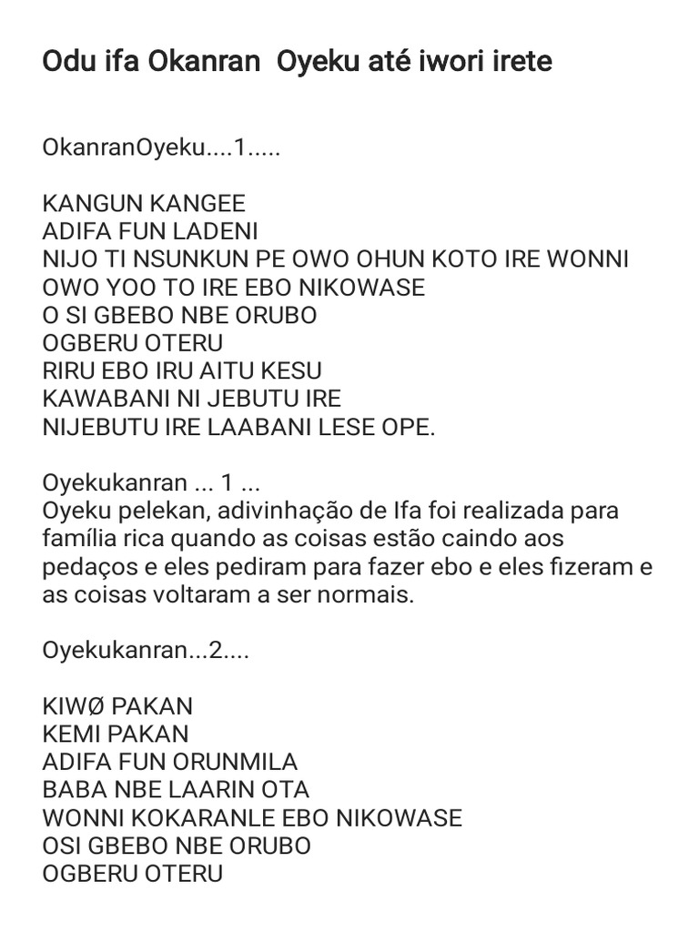 Odu Ifa Okanran Oyeku Até Iwori Irete PDF Comportamento e