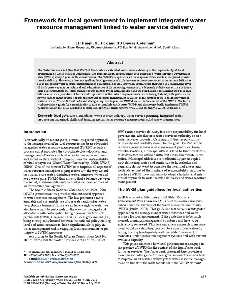 Framework For Local Government To Implement Integrated Water Resource Management Linked To Water