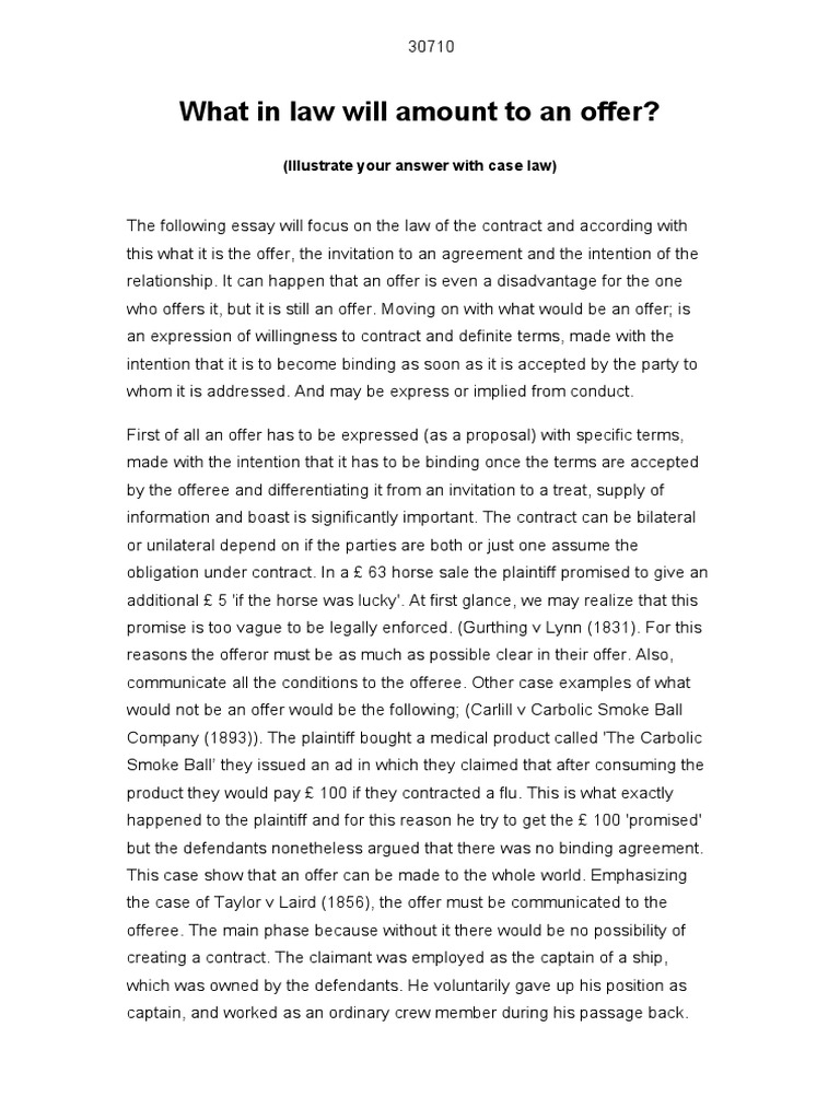 What in Law Will Amount To An Offer? (Illustrate Your Answer With Case Law) PDF Offer And