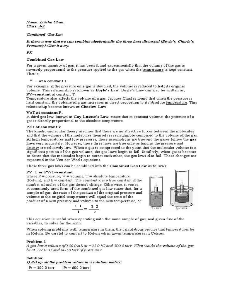 43 Physics WK 3 Combined Gas Law PDF Gases Temperature