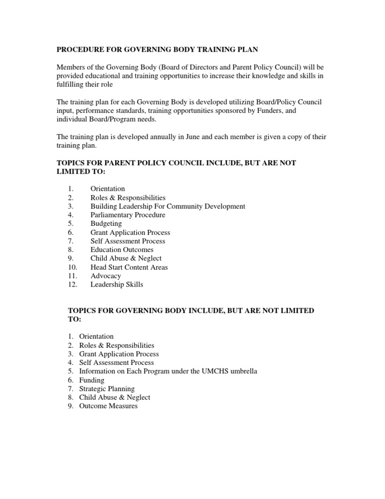 Governing Body Training Plan Overview | PDF | Board Of Directors ...