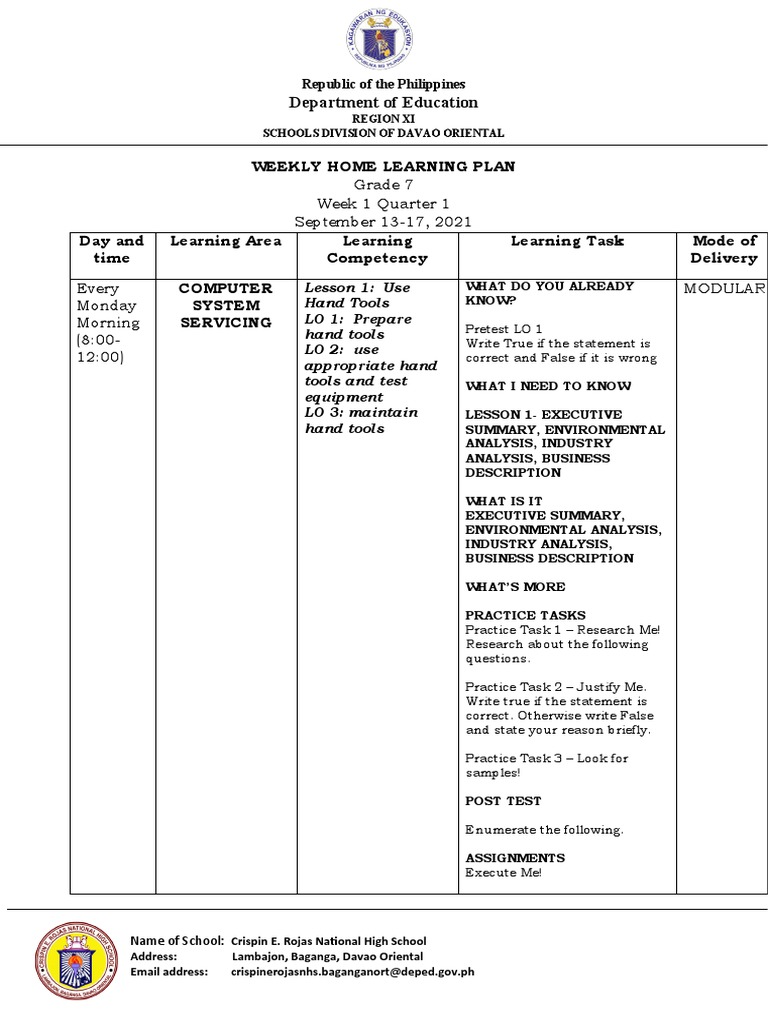 Weekly Learning Plan for Crispin E. Rojas | PDF | Cognition