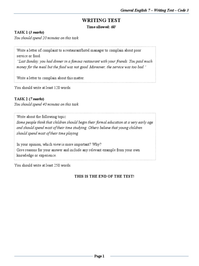 General English 7 Writing Test Guide | PDF