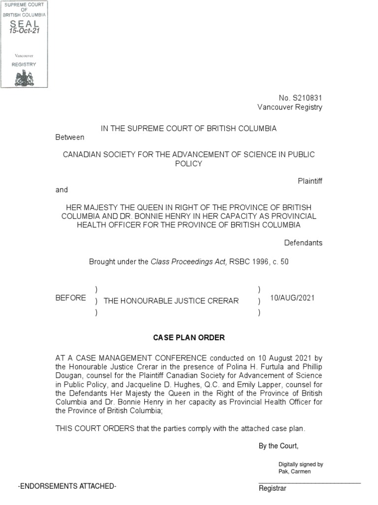 Case Plan Order for S210831 | PDF | Discovery (Law) | Justice