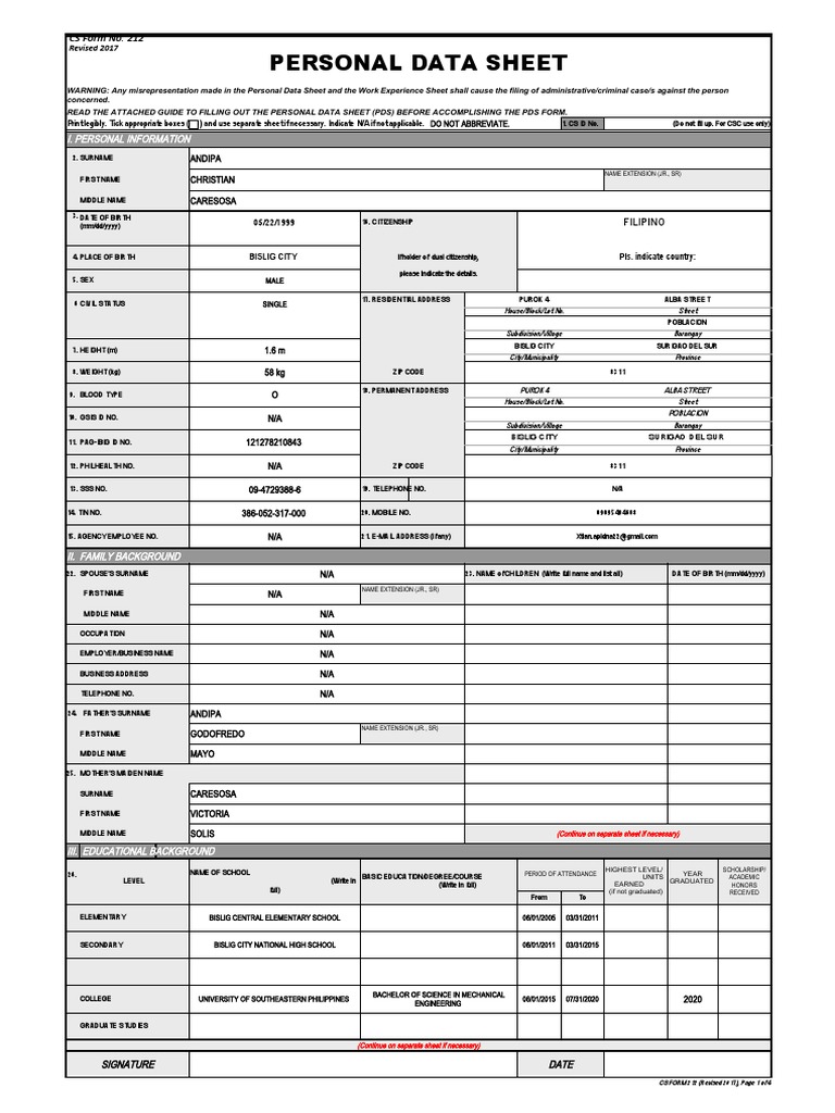 CS Form No. 212 Personal Data Sheet Revised | PDF | Passport | Government