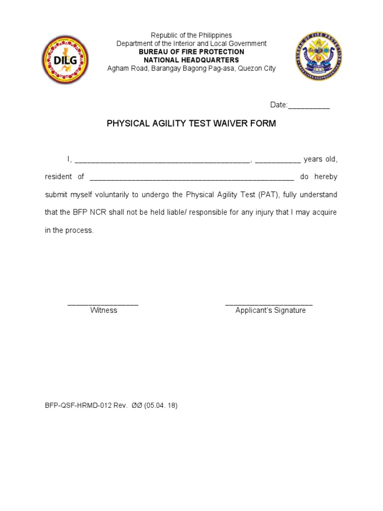BFP Physical Agility Test Waiver Form | PDF