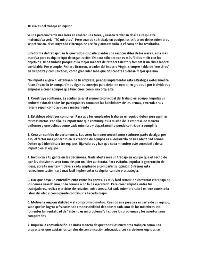 10 Claves para el Trabajo en Equipo | PDF | Liderazgo | Motivacional