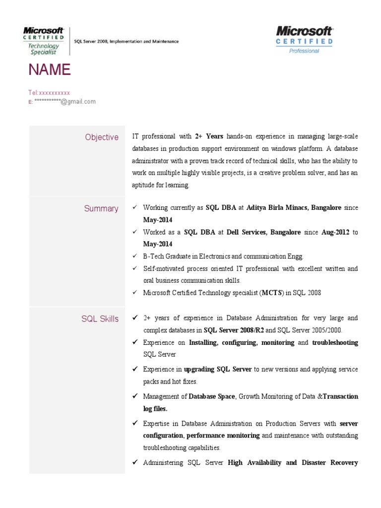 SQL DBA Resume: 2+ Years Experience | PDF | Microsoft Sql Server ...