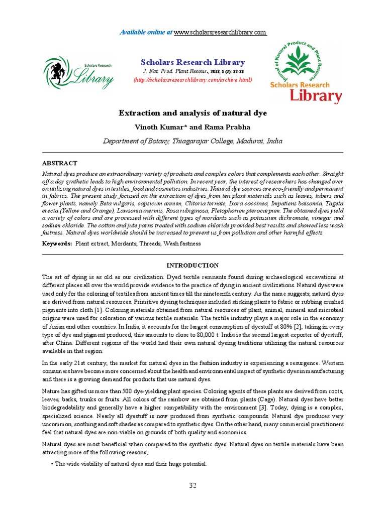 Extraction and Analysis of Natural Dye: Scholars Research Library | PDF ...