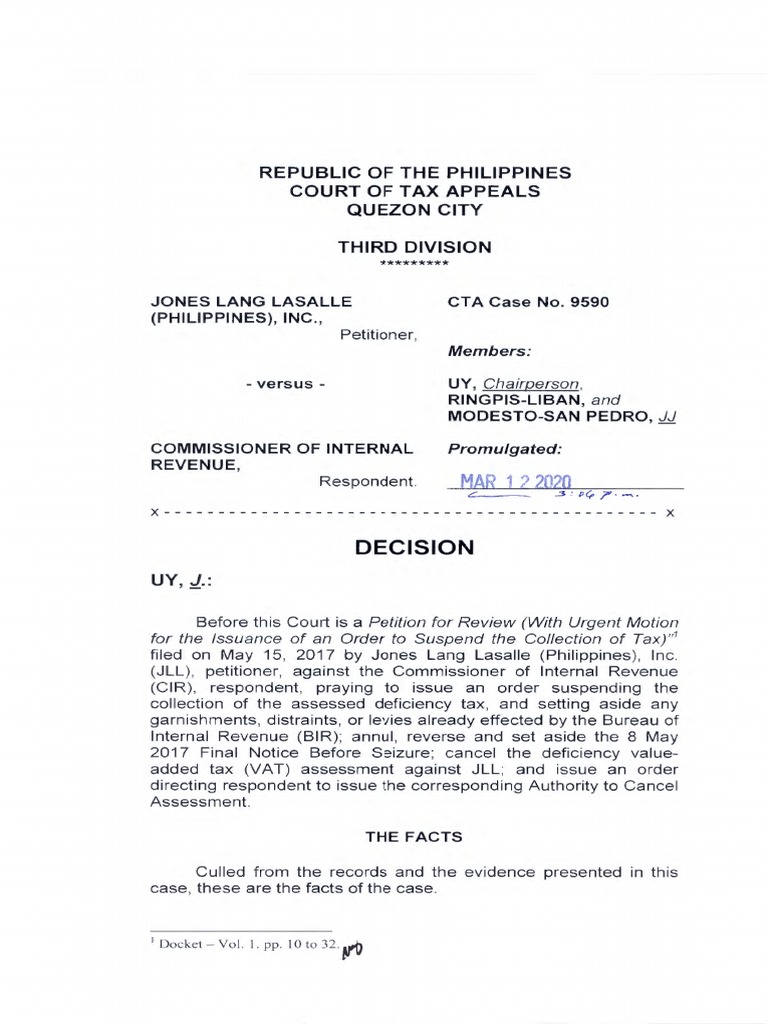 Tax Collection Suspension Case: JLL vs. BIR | PDF | Jurisdiction | Taxes