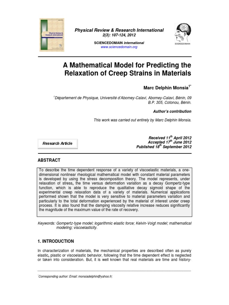 A Mathematical Model For Predicting The Relaxation of Creep Strains in ...