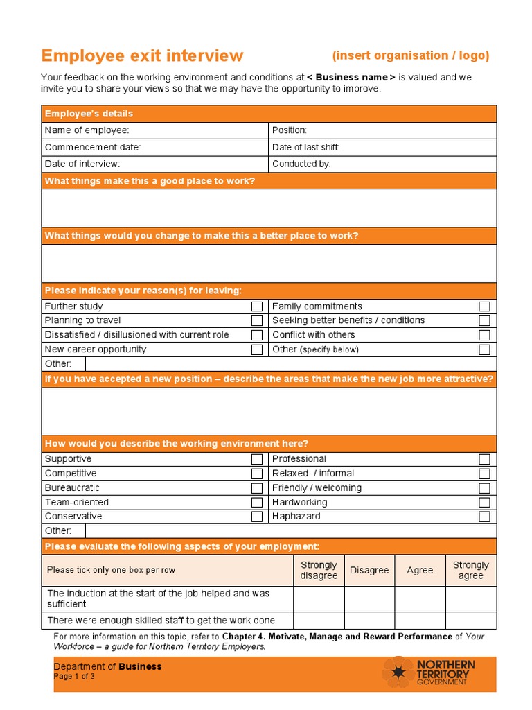Employee Exit Interview: (Insert Organisation / Logo) | PDF ...