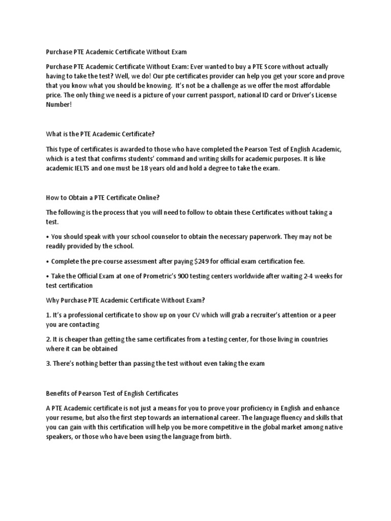 Purchase PTE Academic Certificate Without Exam PDF