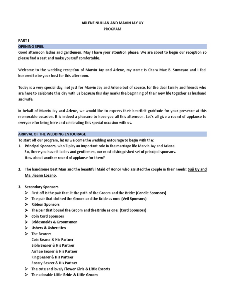 Wedding Reception Program for Marvin and Arlene | PDF | Wedding | Bride