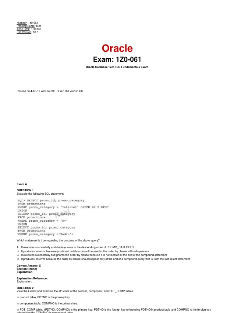 Oracle Database 12c SQL Fundamentals 1Z0 061 Exam+ (04.03.2017) | PDF |  Table (Database) | Computer Programming