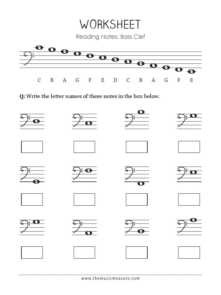 Worksheet: Reading Notes: Bass Clef | PDF for Free Printable Bass Clef Worksheets