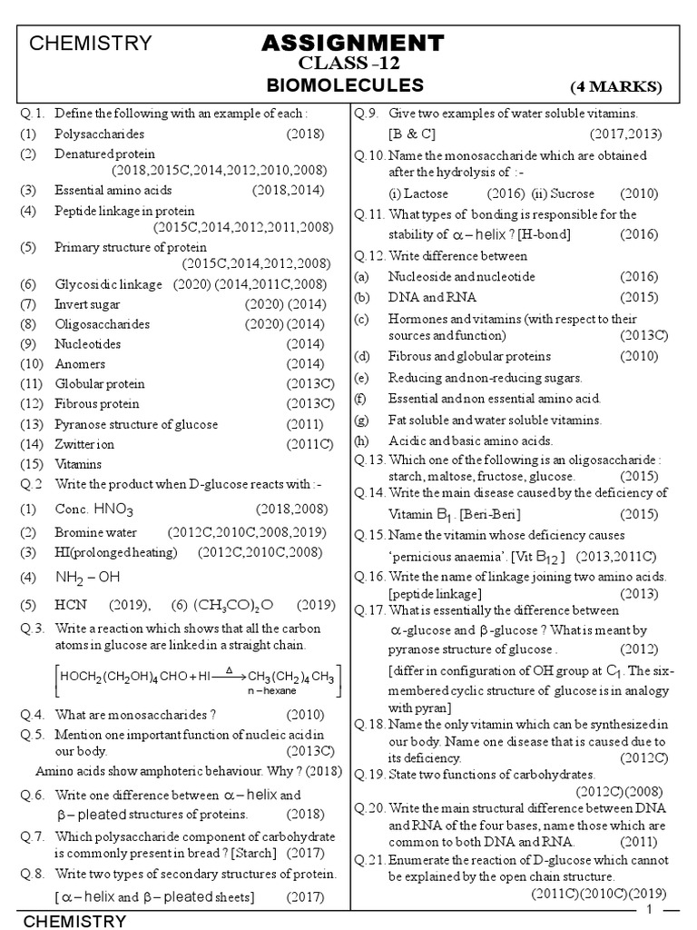 Biomolecules Chemistry Assignment: An Extensive Collection of Questions ...