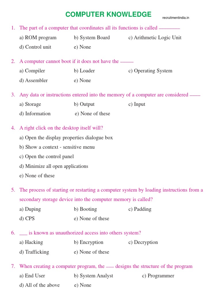 Computer Knowledge Quiz Questions | PDF | Computer Data Storage | Booting