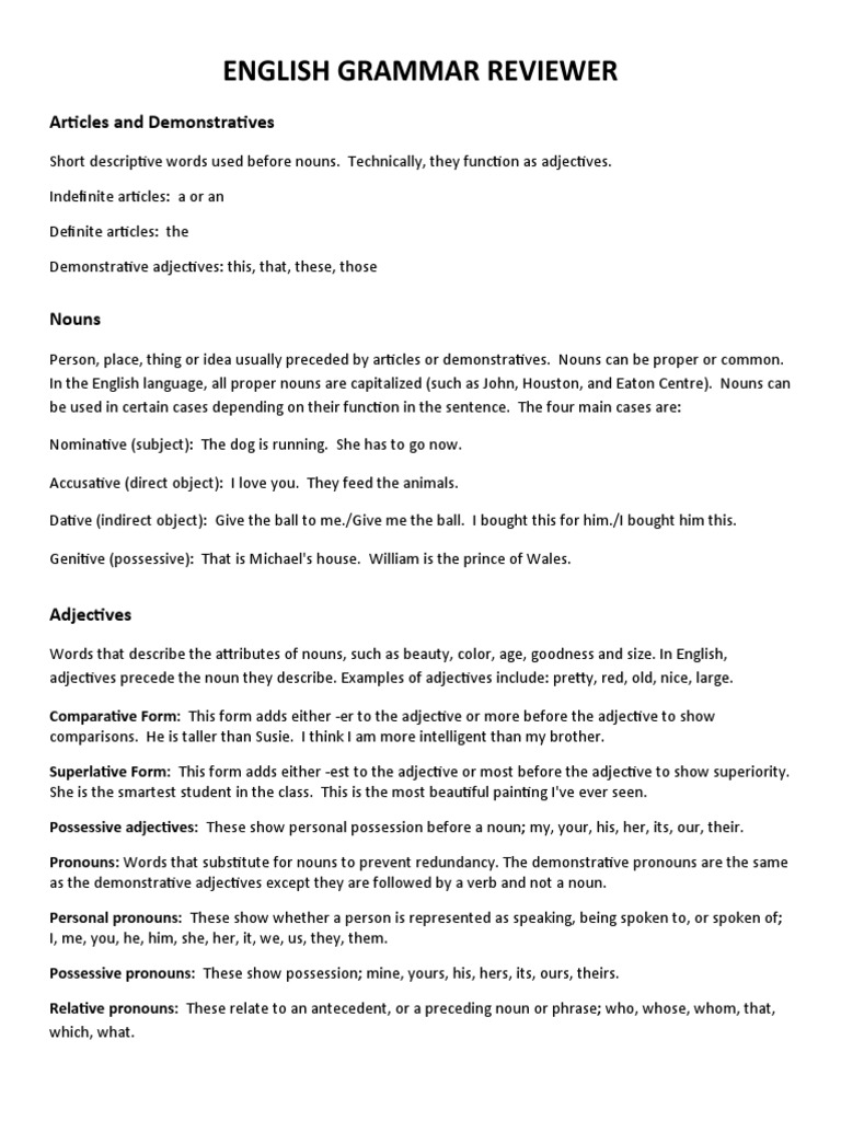 English Grammar Concepts Explained | PDF | Verb | Pronoun