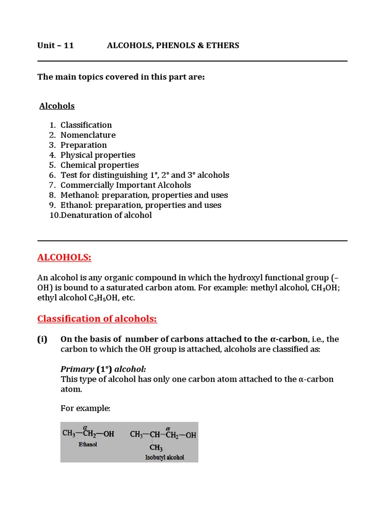 Class 12 Notes on Alcohols, Phenols, Ethers | PDF | Alcohol | Ether