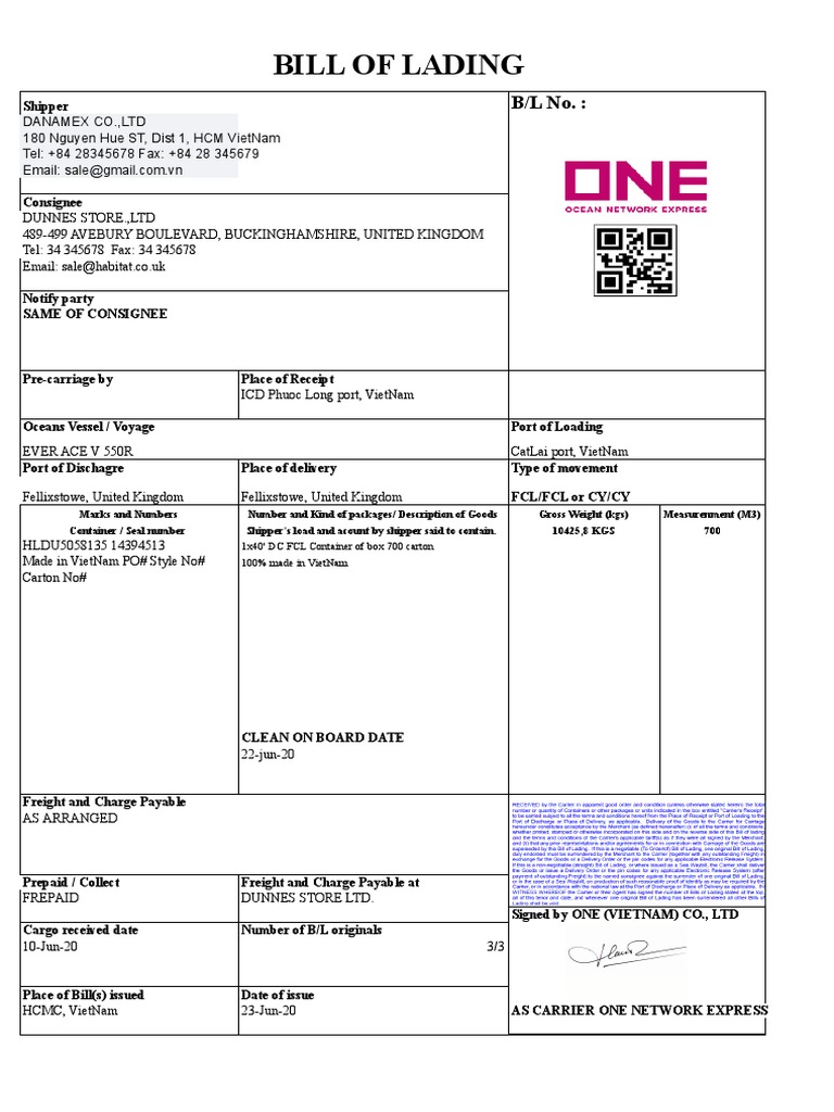 0622 - nguyễn Thành Nam Bill of Lading Bl One Mới | PDF