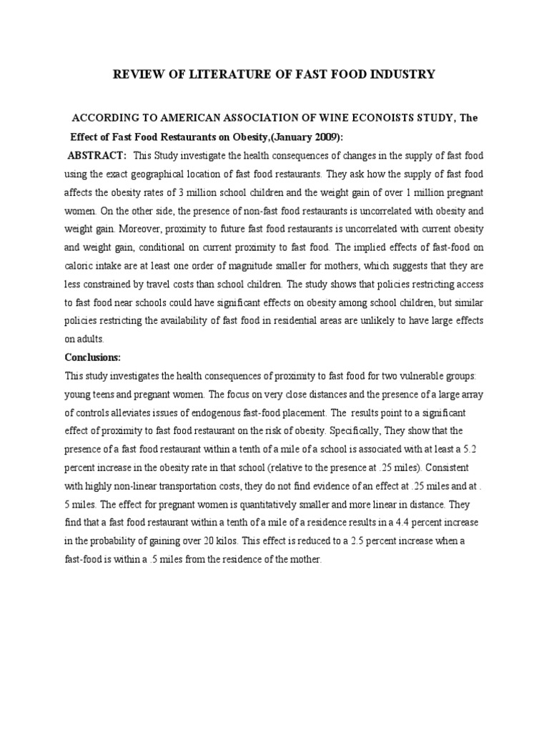 Review of Literature of Fast Food Industry