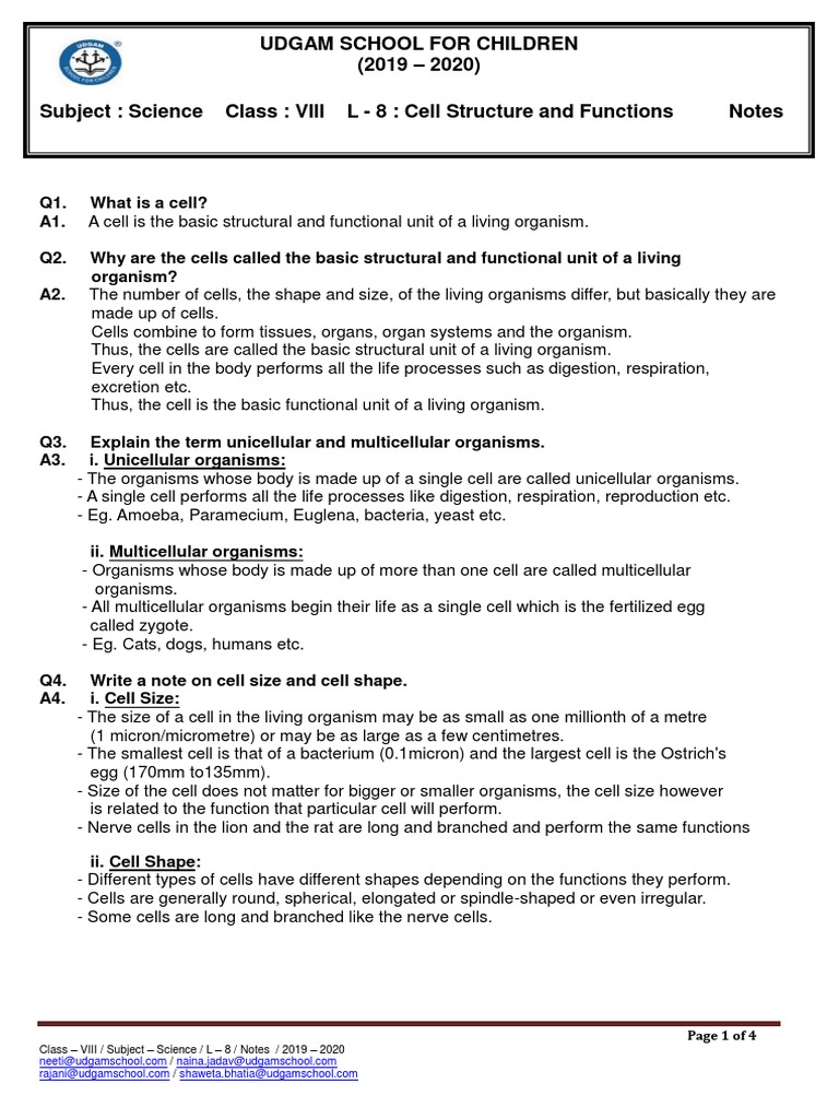 Cell Structure and Function for Class 8 | PDF | Cell (Biology) | Cell ...