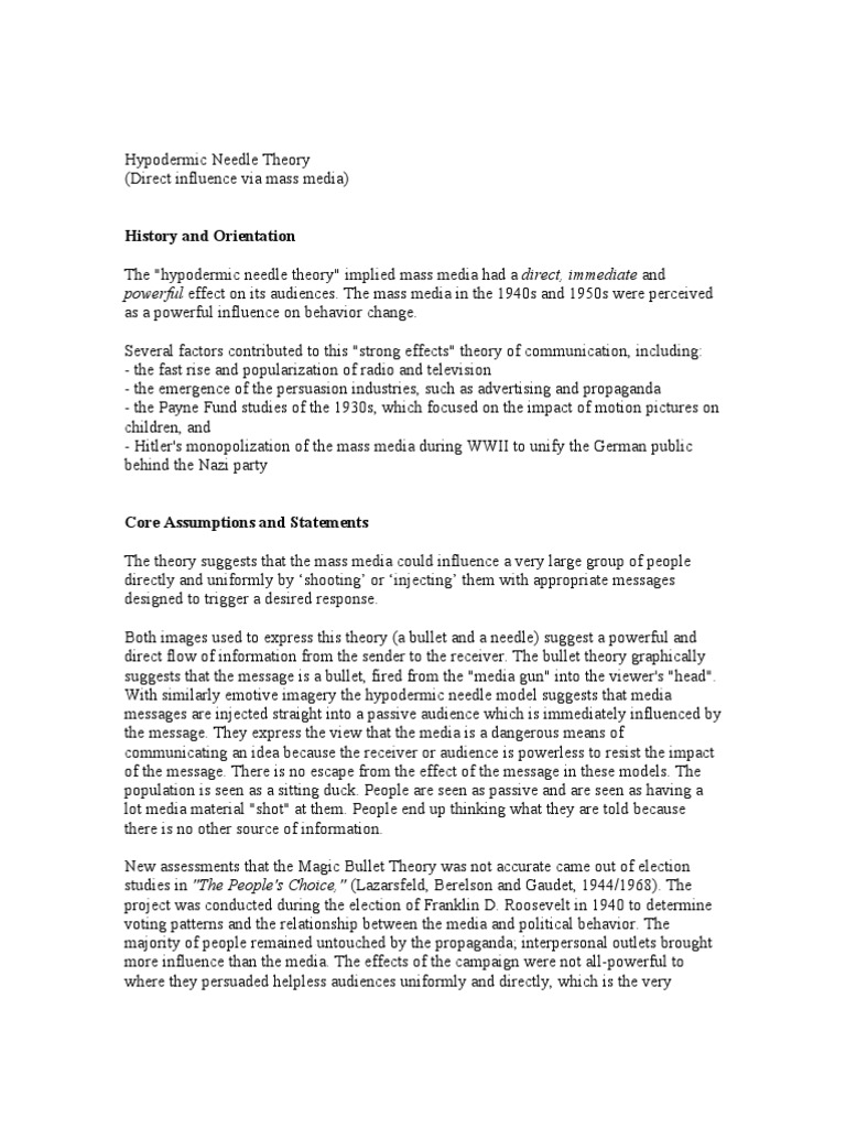 Hypodermic Needle Theory Mass Media Behavioural Sciences